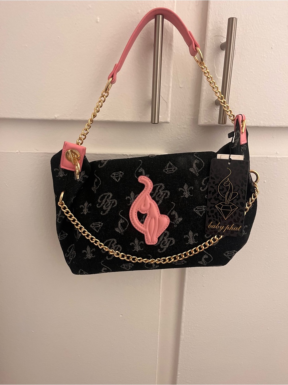Baby Phat Black Shoulder Bag with Pink Flame Accent and Gold Chain